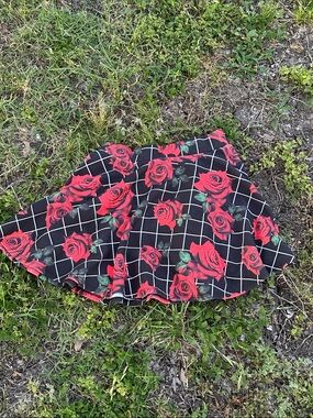 Floral Grid A-Line Skirt - Red Rose Print